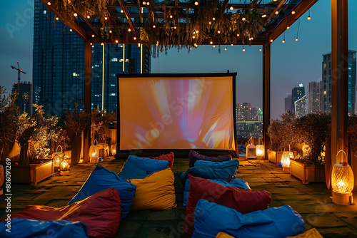 Night photo. Outdoor Movie Night Concept. Cozy setup for open air movie under the stars with a large movie screen and colorful bean bags on a roof top of a high-rise. Outdoor Theat photo