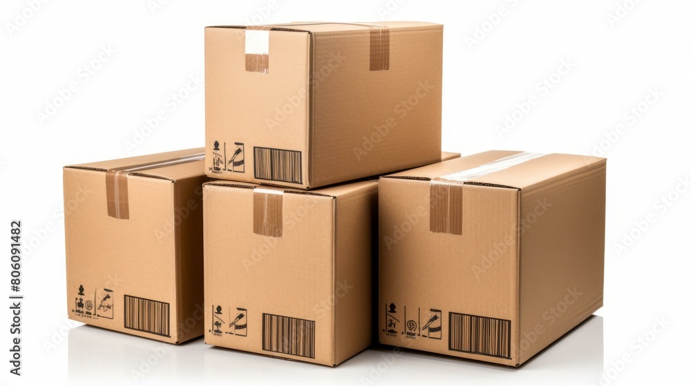 Four cardboard boxes stacked on a white surface Four cardboard boxes stacked on a white surface