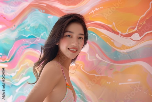 Posed against a backdrop of colorful pastel artistry, a beaming Asian woman in a bikini exudes happiness, her glamorous hair framing her attractive smile. © Surachetsh