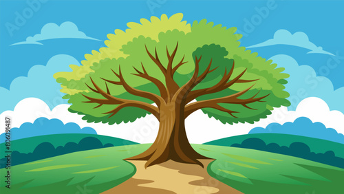 In the center of the garden stands a grand oak tree its branches reaching towards the sky in a symbol of Stoic strength and fortitude.. Vector illustration