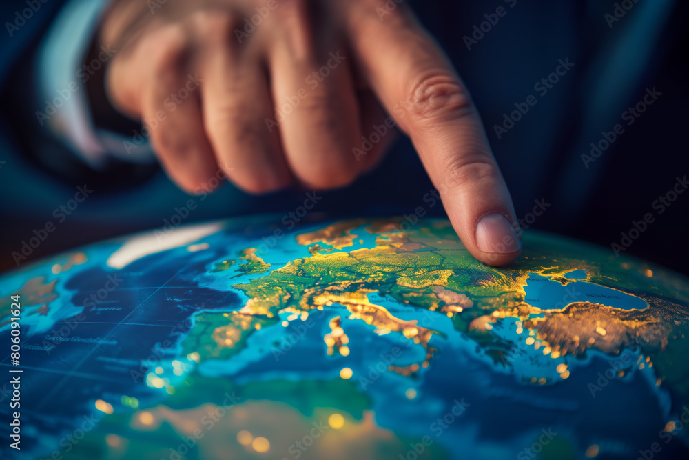 Fototapeta premium The world in the hands of finance, a businessman pointing East Europe, Ukraine, on earth globe map with index finger, showing continent resources, planning global business strategy