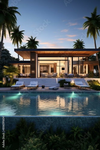 A modern house with a pool and palm trees