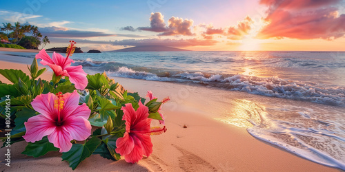 Colorful hibiscus flowers of Maui, Hawaii blooms Amidst Sandy beach and Blue Ocean on a Vacation Escape at Sunset time photo