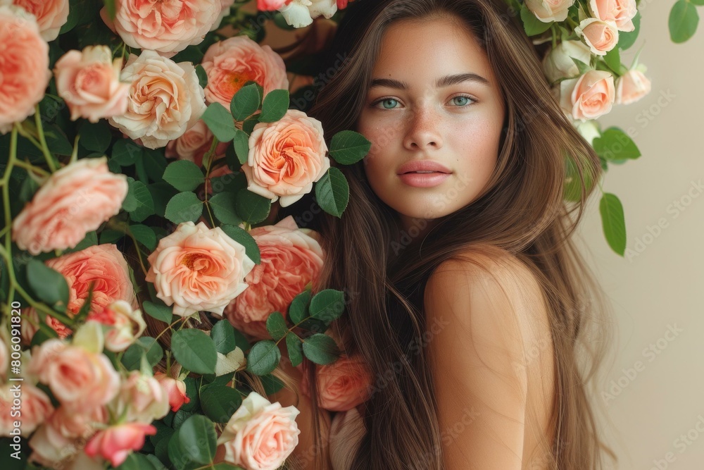 Portrait of a beautiful young woman with long brown hair and blue eyes standing in a garden of pink roses Portrait of a beautiful young woman with long brown hair and blue eyes standing in a garden of pink roses