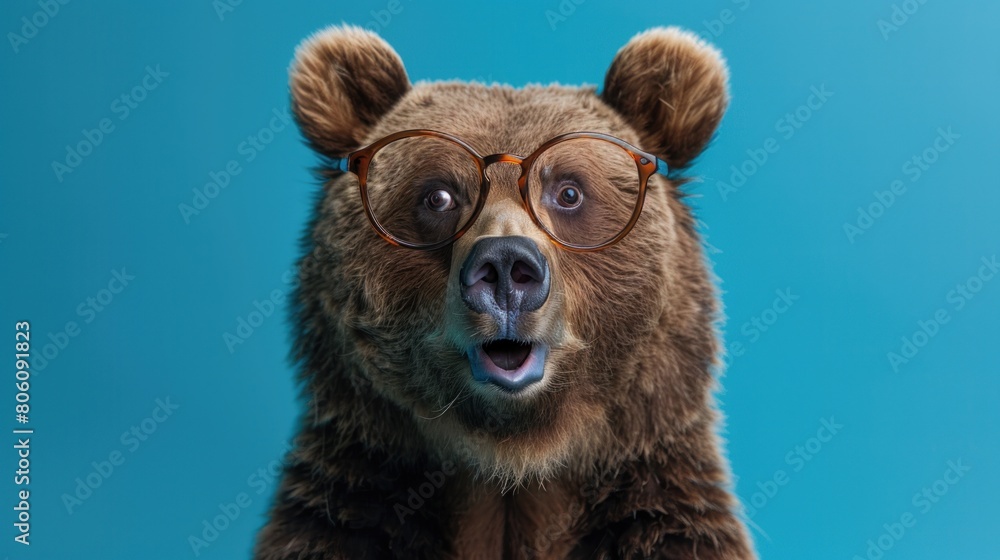 Expression of shocked brown bear wearing glasses on blue background. AI generated image