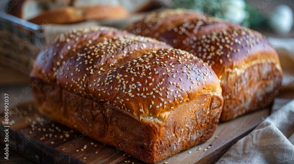 Freshly Baked Bread with Sesame Seeds on Wooden Board
