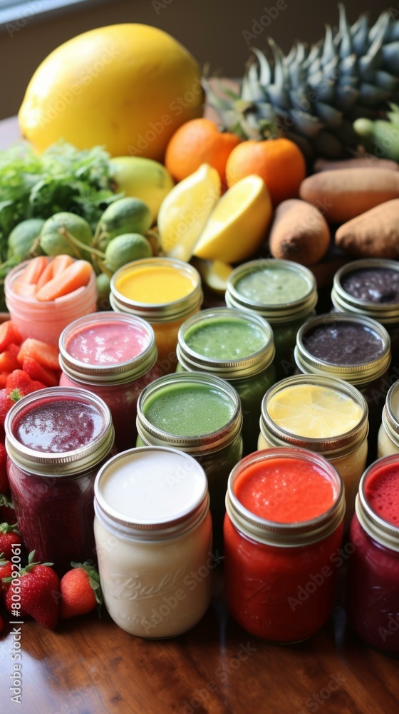 Colorful mason jars filled with fresh fruit and vegetable juices Colorful mason jars filled with fresh fruit and vegetable juices