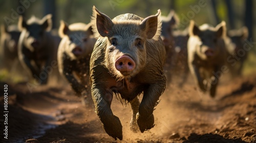 A group of feral pigs running through the forest photo