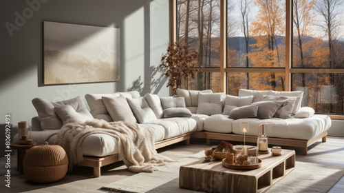 A cozy living room with a large sectional sofa  coffee table  rug  and autumn forest view