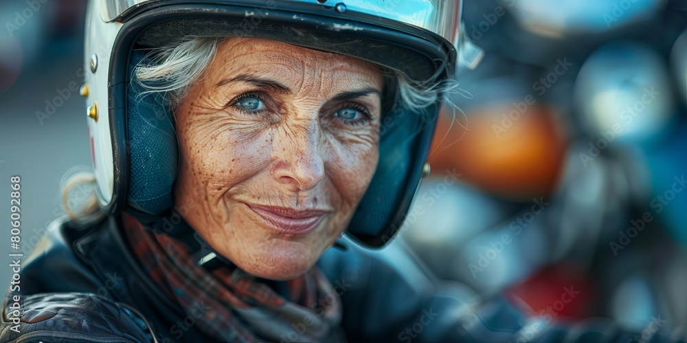 mage of aged gray haired female racer with wrinkles wearing helmet and protective glasses while smiling and looking at camera against blurred background mage of aged gray haired female racer with wrinkles wearing helmet and protective glasses while smiling and looking at camera against blurred background