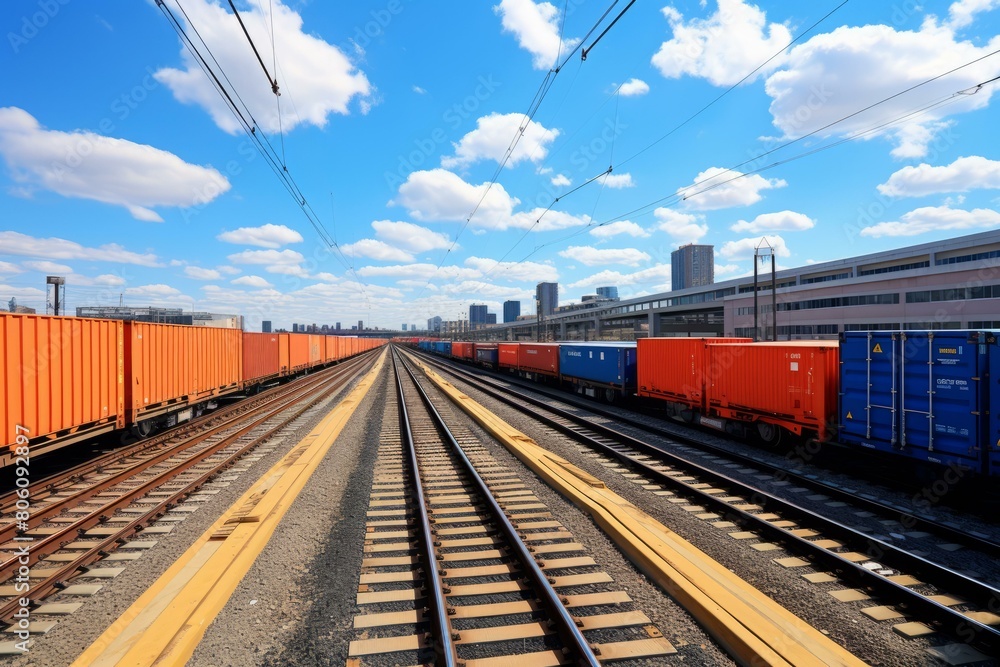 Fototapeta premium Cargo trains with containers at the freight yard