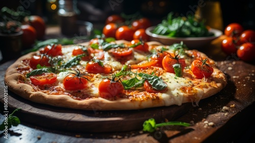 Pizza with cherry tomatoes, basil leaves and melted cheese