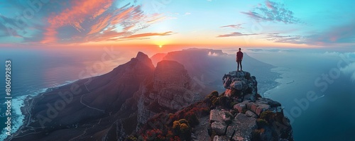 Aerial view of a person on top of Table Mountain peak at sunset, Cape Town, Western Cape, South Africa. photo