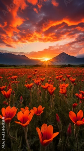 Field of red flowers with mountains in the distance