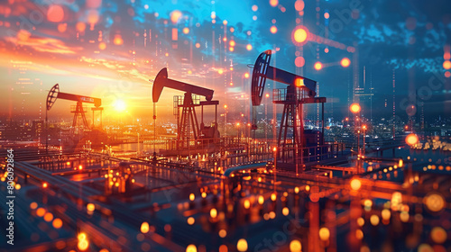 Oil pumpjacks and energy market dynamics at sunset 