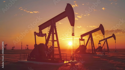 Oil pump jacks silhouettes at sunset. photo