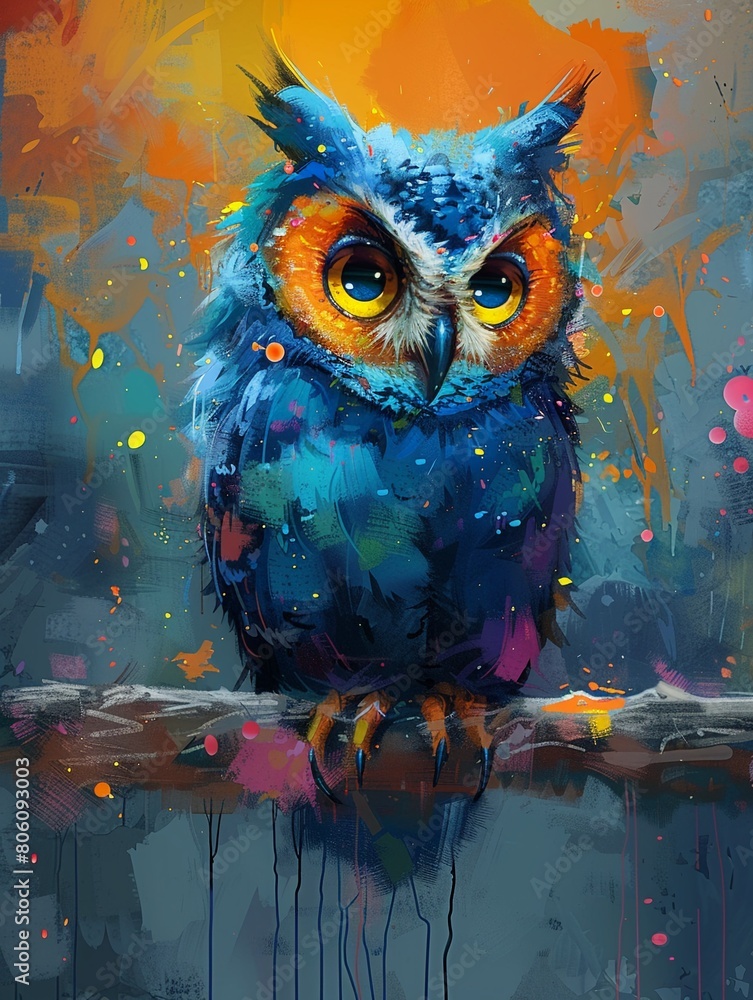Lighthearted digital painting of a very fat owl, shown perching contentedly, adorned with vivid, eyecatching colors that capture its endearing and humorous nature