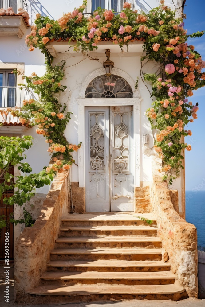 A beautiful Mediterranean house with a bougainvillea-covered entrance