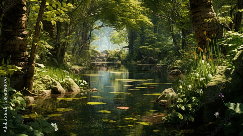Obraz premium A beautiful forest with a river running through it