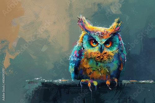 Digital painting of a comically plump owl, depicted with vibrant, playful colors to highlight the humorous fat animal concept photo