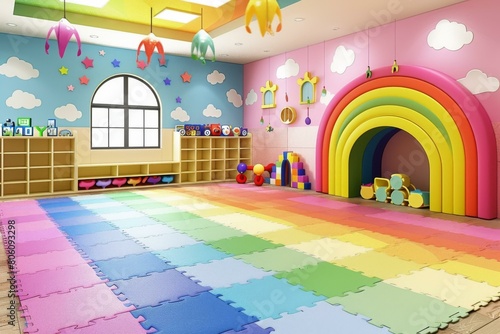 Rainbow Themed Kindergarten Classroom With Colorful Playmats And Toys photo