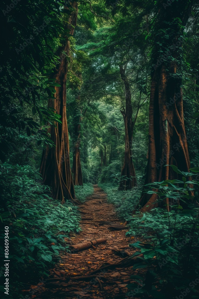 Fototapeta premium The dense and lush green jungle forest path