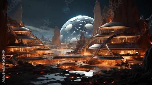 Scifi inspired habitat with modular construction and artificial intelligence integration, set on a Martian colony photo