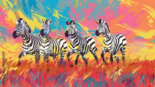 Zebras against a vibrant splash of colors