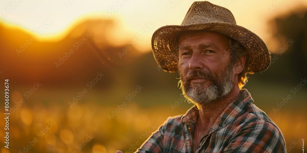 A farmer is standing in a field of wheat and looking at the camera. A farmer is standing in a field of wheat and looking at the camera.