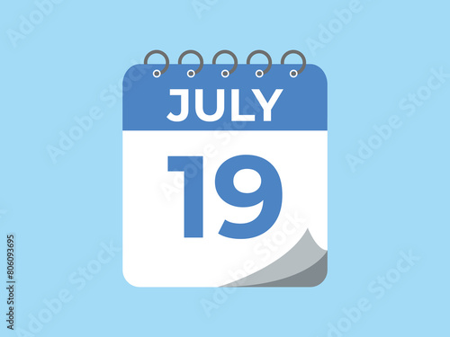 July 19 calendar reminder. 19 July daily calendar icon template. Calendar 19 July icon Design template. Vector illustration
