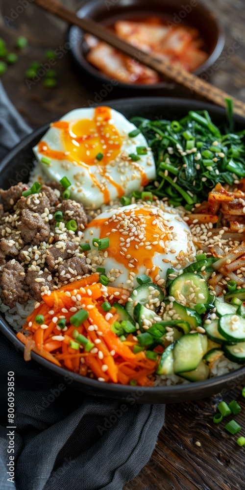 Korean Food, Bibimbap, With Rice, Beef, Egg, And Vegetables Korean Food, Bibimbap, With Rice, Beef, Egg, And Vegetables
