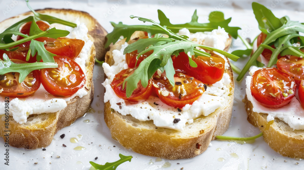 Bruschetta with goat cheese, arugula and fried tomatoes, healthy and delicious breakfast, food photo. Bruschetta with goat cheese, arugula and fried tomatoes, healthy and delicious breakfast, food photo.