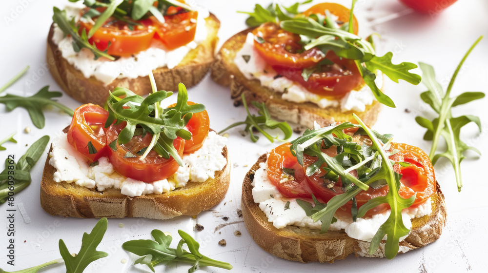 Bruschetta with goat cheese, arugula and fried tomatoes, healthy and delicious breakfast, food photo. Bruschetta with goat cheese, arugula and fried tomatoes, healthy and delicious breakfast, food photo.