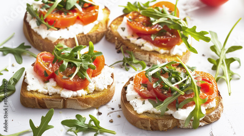 Bruschetta with goat cheese, arugula and fried tomatoes, healthy and delicious breakfast, food photo.
