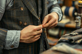 Young tailor crafting a bespoke suit, working with sewing pattern in atelier or workshop filled with fabrics