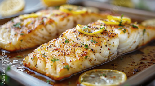 Side view of baked cod with lemon garnish, a white fish restaurant dish. Food photography.