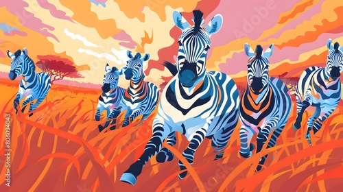 Zebras galloping at sunset on the savanna