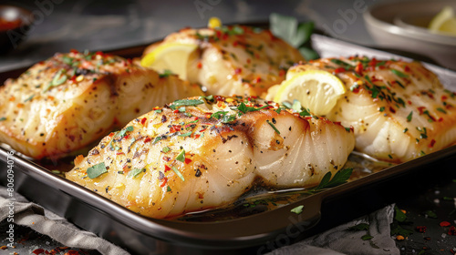 Side view of baked cod with lemon garnish, a white fish restaurant dish. Food photography. photo