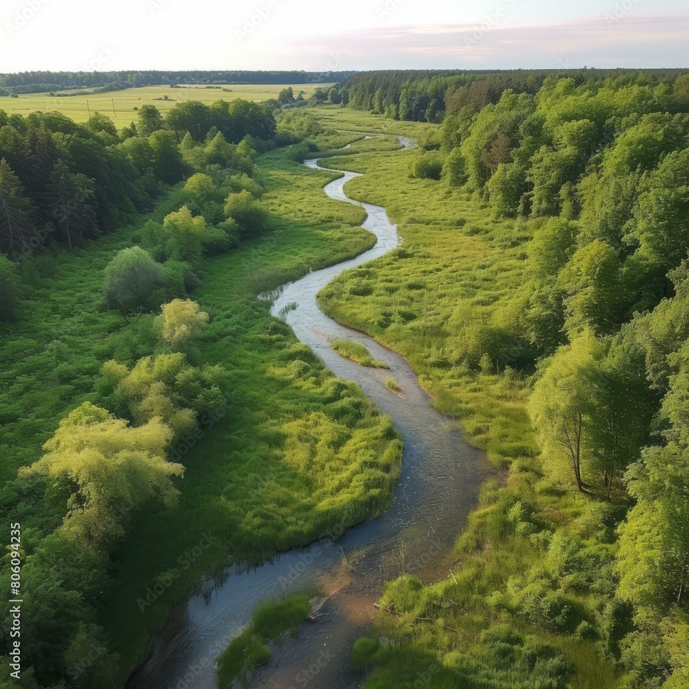 A River Meandering Through a Lush Green Forest A River Meandering Through a Lush Green Forest