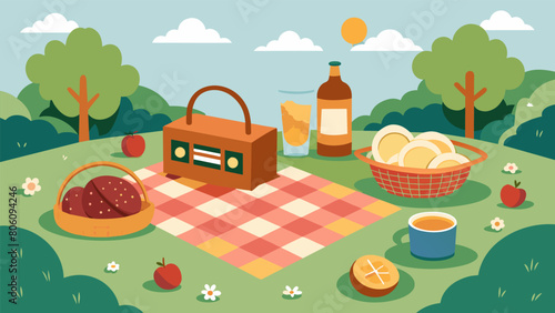 A pictureperfect picnic scene with a checkered blanket spread out on the grass a wicker basket filled with homemade treats and a vintage radio playing.