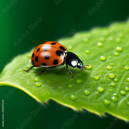 a ladybug climbing a dew covered leaf