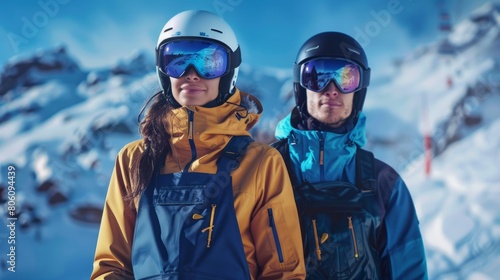 A man and a woman in overalls for skiing at a ski resort. hyper realistic  © Johannes