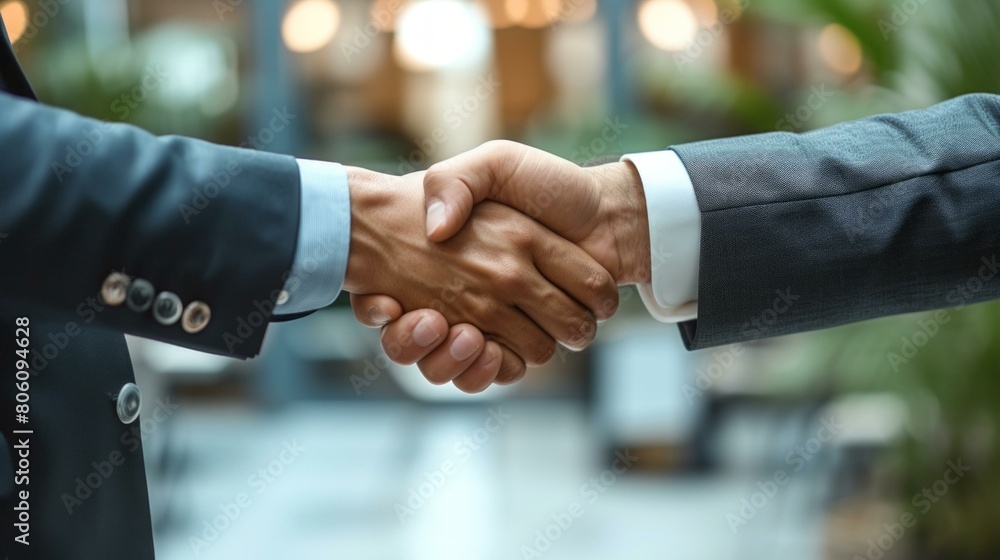 Businessmen in suits shaking hands in agreement making deal