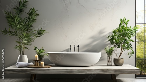 A bathroom with a large bathtub  plants  and a wooden table