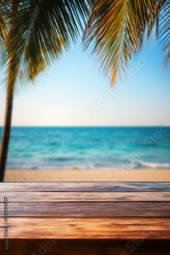 An empty wooden table on a tropical beach with palm trees and blue ocean in the background