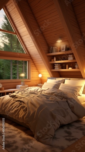 Cozy bedroom with wooden interior and large windows overlooking the forest