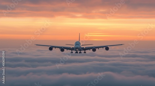 A large passenger plane is flying high above the clouds at sunset