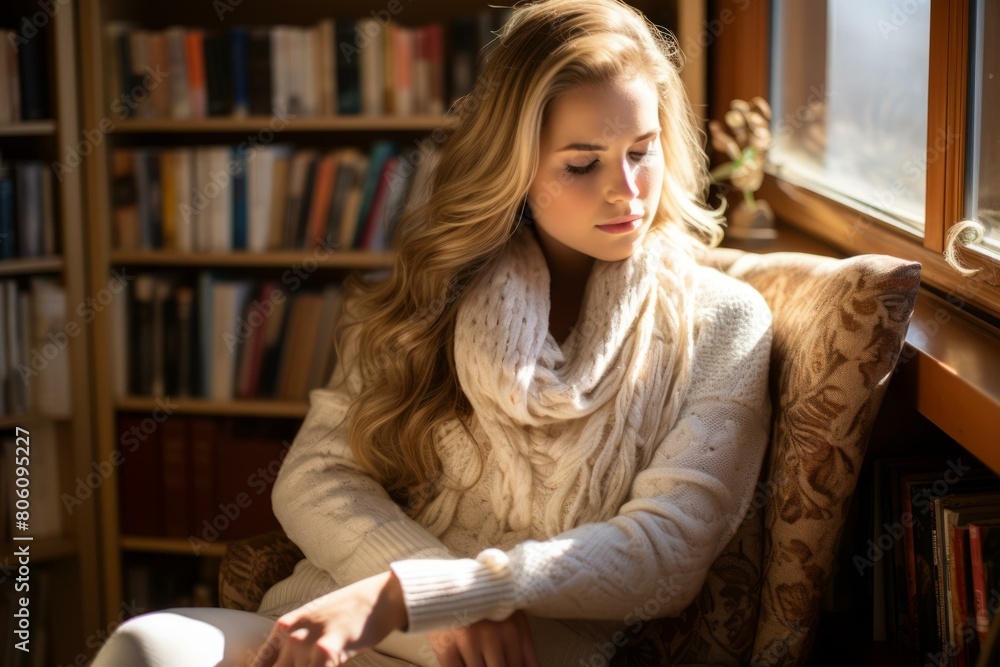 Young woman sitting in a chair in a library Young woman sitting in a chair in a library