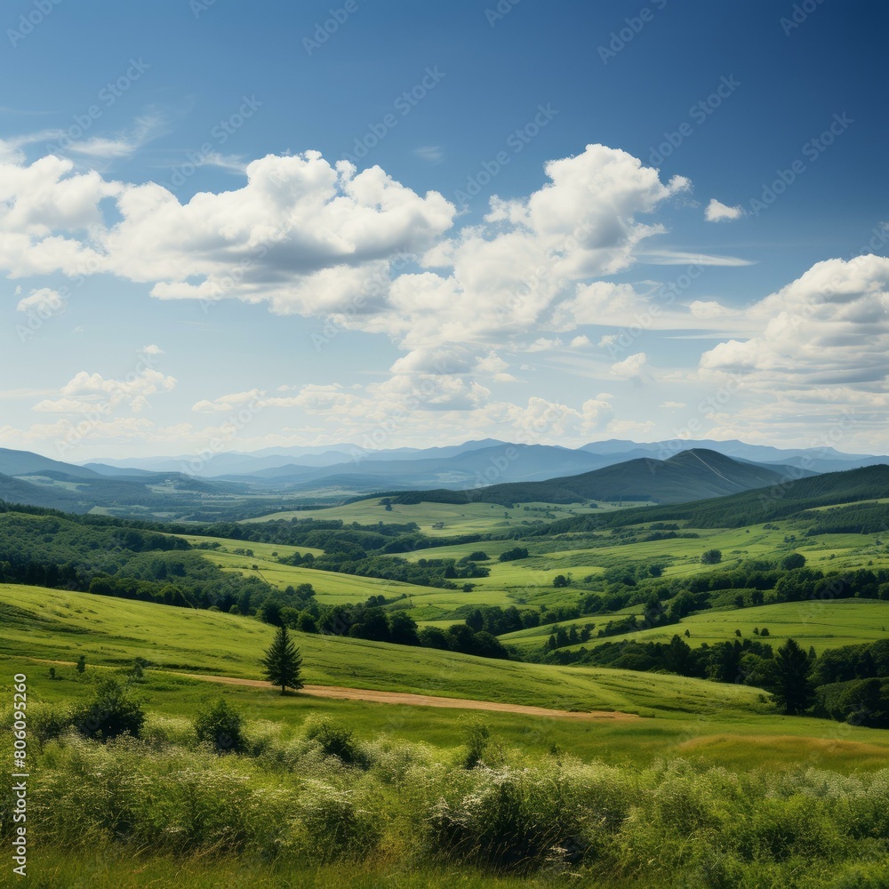 idyllic green rolling hills landscape under blue sky with white clouds idyllic green rolling hills landscape under blue sky with white clouds