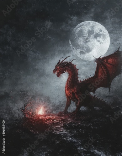 a red dragon in the moonlight